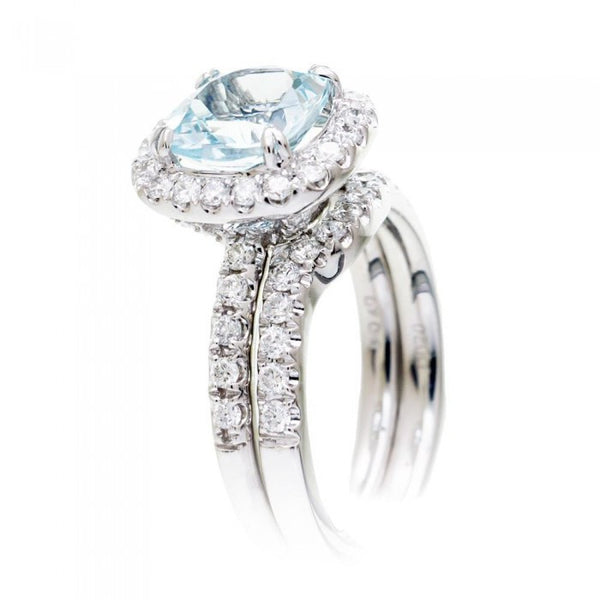 Aquamarine 7x7 cushion cut halo diamond engagement ring