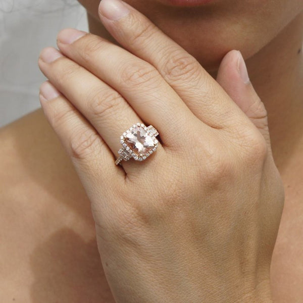 Morganite 10x8 cushion halo diamond engagement three stone ring rose gold