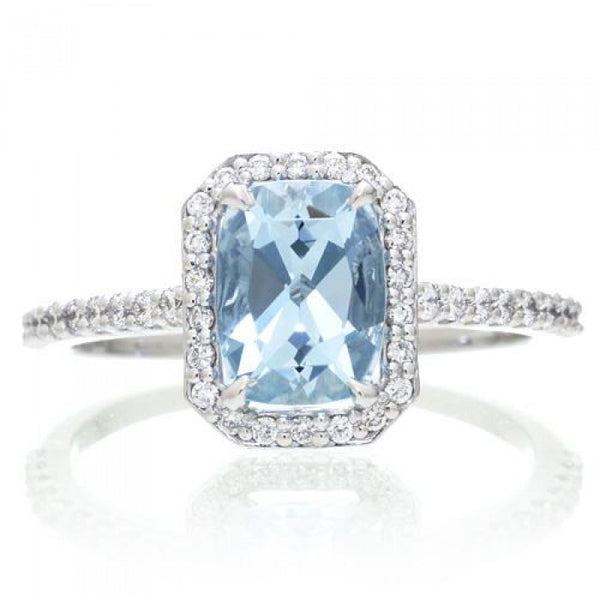 Aquamarine 8x6 cushion diamond halo engagement ring 14k white gold