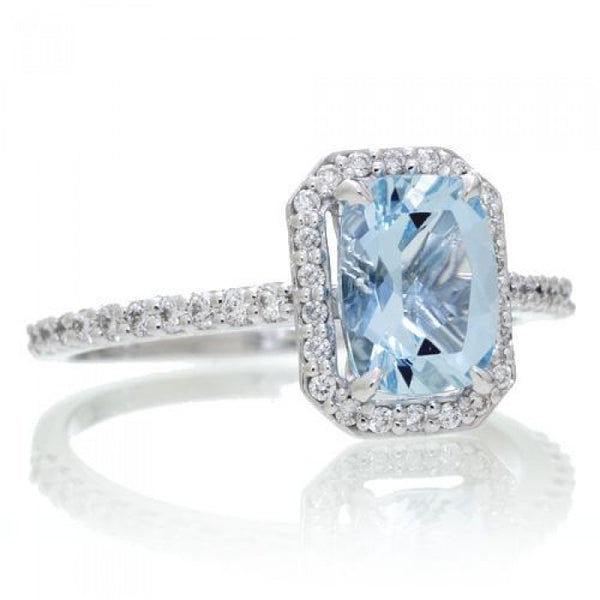 Aquamarine 8x6 cushion diamond halo engagement ring 14k white gold