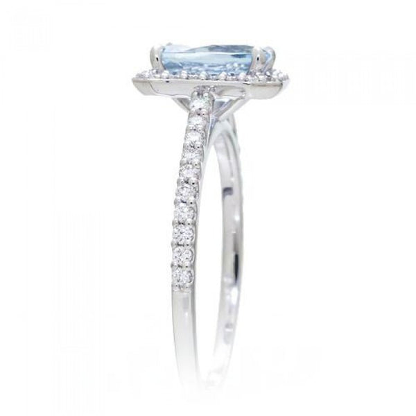 Aquamarine 8x6 cushion diamond halo engagement ring 14k white gold