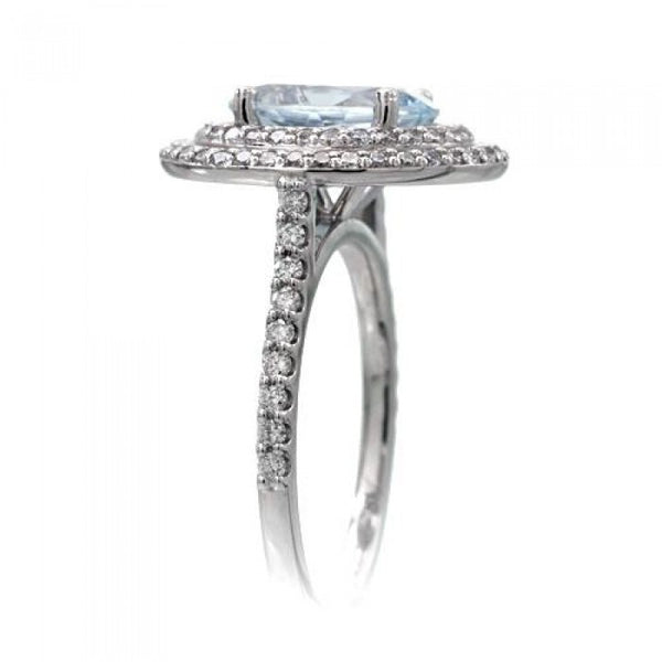 Aquamarine ring 10x8 white gold double halo diamond oval ring