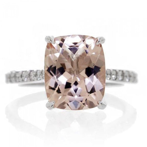 Morganite 10x8 solitaire cushion pavé halo diamond engagement ring