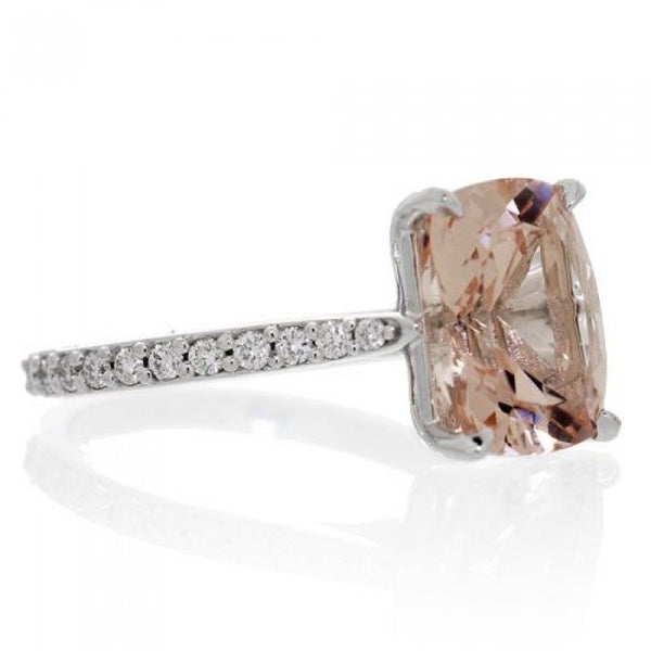 Morganite 10x8 solitaire cushion pavé halo diamond engagement ring