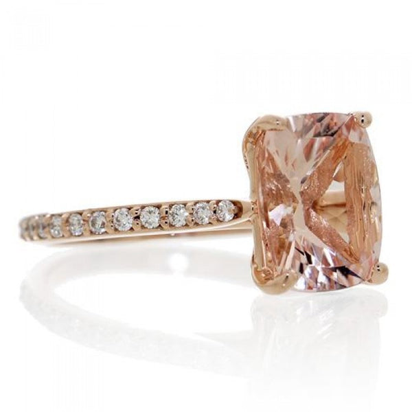Morganite 10x8 solitaire cushion pavé halo diamond engagement ring rose gold