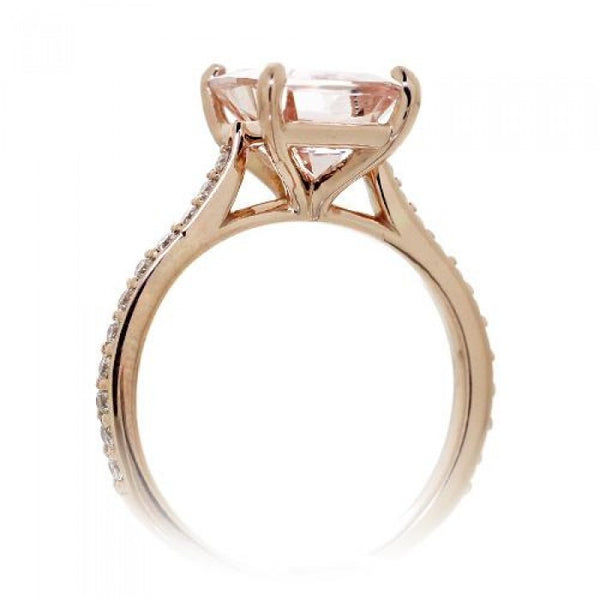 Morganite 10x8 solitaire cushion pavé halo diamond engagement ring rose gold