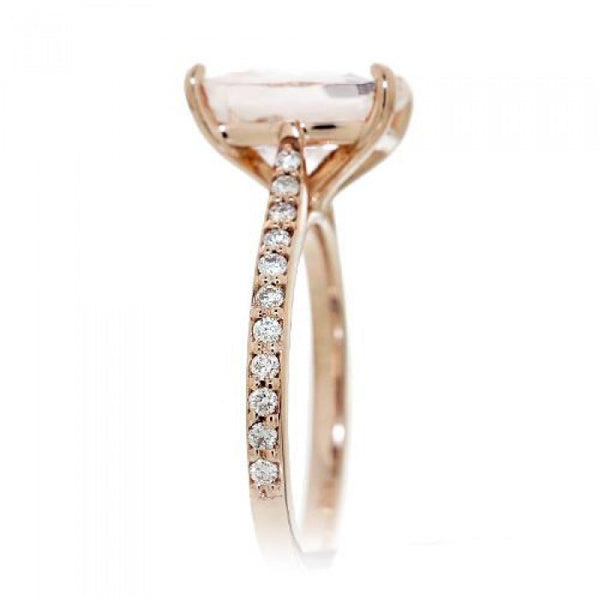Morganite 10x8 solitaire cushion pavé halo diamond engagement ring rose gold