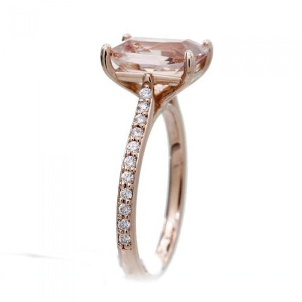 Morganite 10x8 solitaire cushion pavé halo diamond engagement ring rose gold