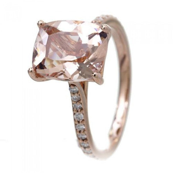 Morganite 10x8 solitaire cushion pavé halo diamond engagement ring rose gold