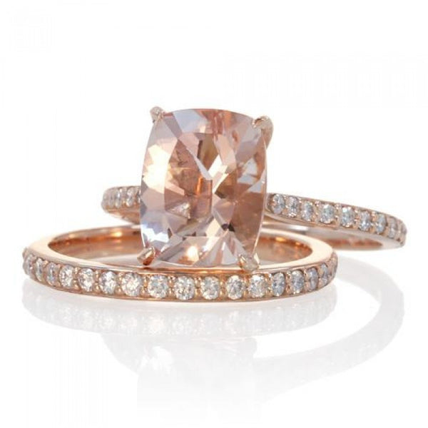 Morganite 10x8 solitaire cushion pavé halo diamond engagement ring rose gold