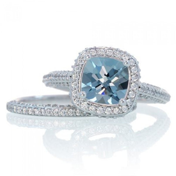 Aquamarine Cushion Halo Diamond Engagement Ring