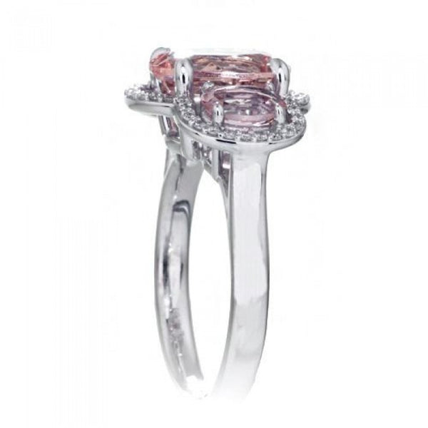 Morganite 10x8 oval diamond halo three stone anniversary ring