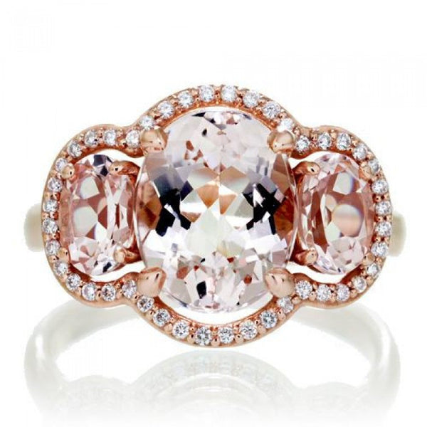 Morganite 10x8 oval diamond halo three stone anniversary ring rose gold